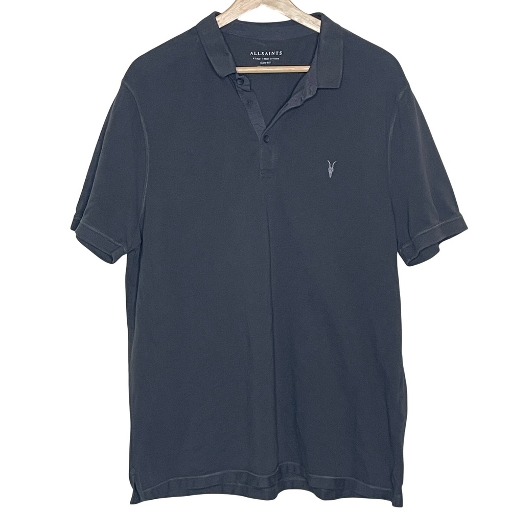 AllSaints Mens Slim Fit Organic Cotton Ramskull Polo Shirt Charcoal Grey XL